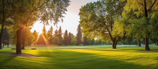 Canvas Print - Beautiful summer sunrise casting a warm glow in the park, with ample copy space image.