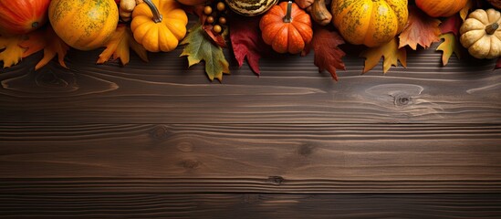 Wall Mural - Fall harvest themed display on weathered wood with yellow maple leaves, red apples, pumpkins, and copy space image for seasonal promotions and holiday cards seen from above.