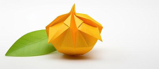 Wall Mural - Paper origami in vibrant orange with leaf details, against a plain background for a copy space image.