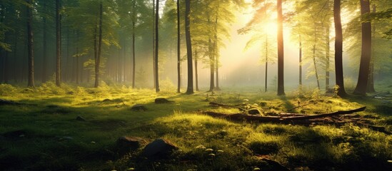 Canvas Print - A serene forest glade featuring the setting sun's radiant beams shining through the trees with a vast woodland backdrop, perfect for copy space images.