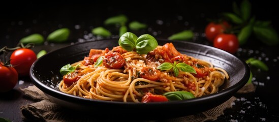 Wall Mural - Selective focus on spaghetti pasta with meatballs and tomato sauce, ideal for a copy space image.