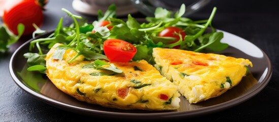 Wall Mural - Copy space image of a nutritious breakfast or lunch with an egg omelet and cauliflower cooking in a cast-iron pan on a light stone table.