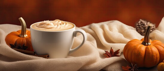 Wall Mural - Autumn-themed setup with a grey coffee mug surrounded by fall elements like spices, oak leaves, acorns, and pumpkins on a white wooden table, embodying the essence of the season with copy space image.