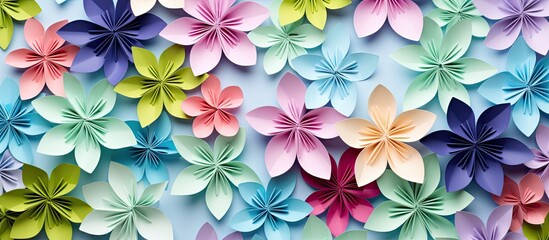 Wall Mural - Handcrafted green leaves on a white origami paper background creating an intricate composition with space for adding images. Copy space image. Place for adding text and design