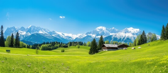 Poster - Scenic golden hour view of picturesque alpine mountains with blooming meadows and snowy peaks in spring, under a sunny blue sky with clouds, perfect for a copy space image.