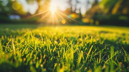 Beautiful natural background image of young lush green grass in the bright sunlight of a summer spring morning close up 