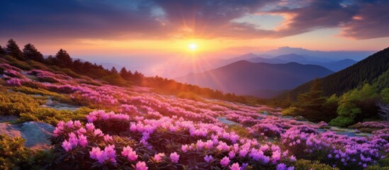 Poster - A picturesque scene featuring bright pink rhododendron flowers blooming on a mountain in summer, creating a captivating and colorful copy space image.