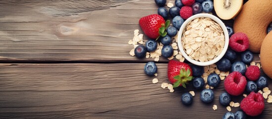 Poster - Healthy breakfast of homemade granola with fresh berries served with milk, presented beautifully in the copy space image, conveying a wholesome food idea on a banner.