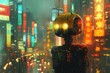 © banthita166 - Retro robot in a futuristic city with neon lights and rain, creating a cyberpunk atmosphere.