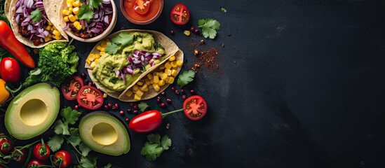 Vegan tacos with black beans, sweet potato, guacamole, and tortillas flatbread, showcasing a clean eating, plant-based food concept in a copy space image.