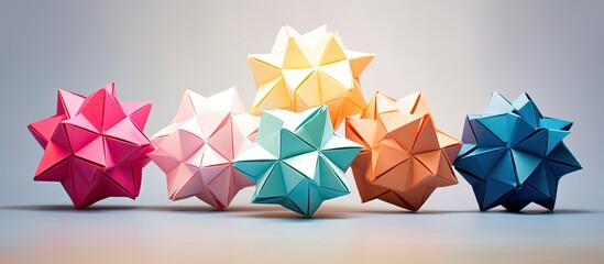 Wall Mural - A multicolored handmade origami Kusudama ball displayed on a pink background with a top view, close-up shot, and selective focus, emphasizing the artwork and providing space for additional imagery.