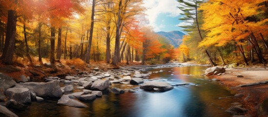 Poster - autumn forest river scene with copy space image.