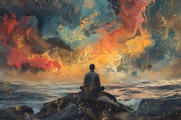 Wall Mural - Meditation transcending human existence, surreal illustration, exploring the depths of consciousness and spirituality.