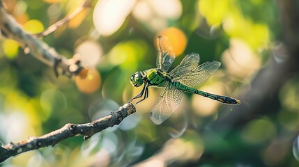 Canvas Print - green dragonfly perched on a small tree branch . generative ai