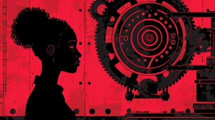 Advanced machinery meets high fashion in this chic illustration of a woman programming in a high tech lab with intelligence and sophistication.