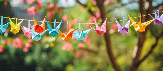 Wall Mural - paper cranes perched on a branch with copy space image.