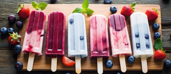 Canvas Print - Berry yogurt popsicles on a wooden paddle board with a rustic wood background perfect for a copy space image.