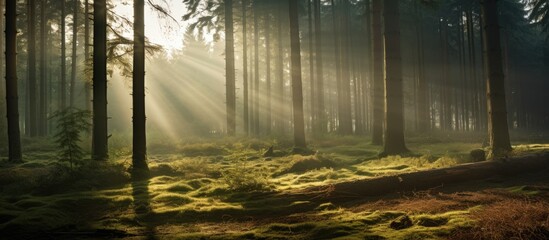 Canvas Print - Sunlight filtering through fog in a natural spruce tree forest, creating a mystical ambiance, ideal for a copy space image.