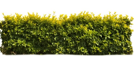 Wall Mural - isolated tropical flower shrub bush beside a fence with a tree in the background, ready for use as a