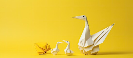 Wall Mural - Top view of a lovely yellow origami bird against a white backdrop with ample space for a message in the image.