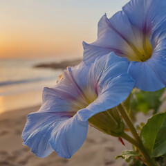 a two flowers that are on the beach near the water