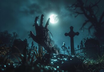 Wall Mural - A zombie hand is rising from the grave at night with moonlight shining down on it, gothic crosses in the background