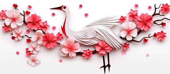 Wall Mural - A solitary paper crane with a cherry blossom design on a backdrop of lush greenery, with room for additional elements in the picture (copy space image).