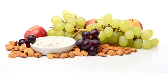 Wall Mural - nutritious blend of fresh almonds, walnuts, and dried grapes, ideal for enhancing health, displayed 