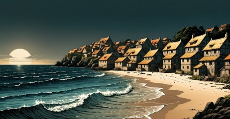 Wall Mural - coastal town homes on ocean beach coast village under sky clouds seascape. city houses along seashore shore on the sea at summer sunset. water wallpaper banner. 