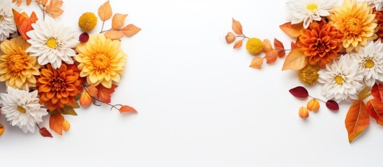 Wall Mural - An autumn-themed arrangement with dried flowers and leaves, set on a white background, embodying the essence of autumn, fall, and Thanksgiving, suitable for a flat lay or top-view copy space image.