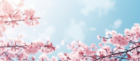 Poster - Spring nature scene featuring pink cherry blossoms against a blue sky with butterflies fluttering; a romantic and dreamy copy space image.