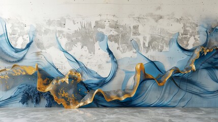 Volumetric abstract blue sea waves on a concrete wall with gold elements.