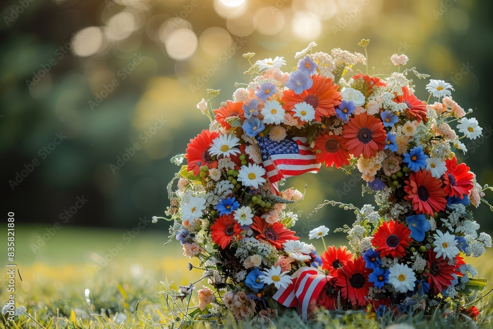A beautiful floral wreath honoring Memorial Day with vibrant red, white ...