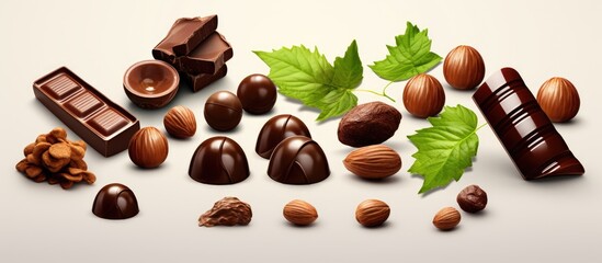 Poster - Hazelnut chocolate pieces isolated on white background for package design with copy space image.