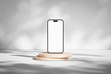 Wall Mural - studio scene with iphone mobile phone with blank screen on the wooden podium