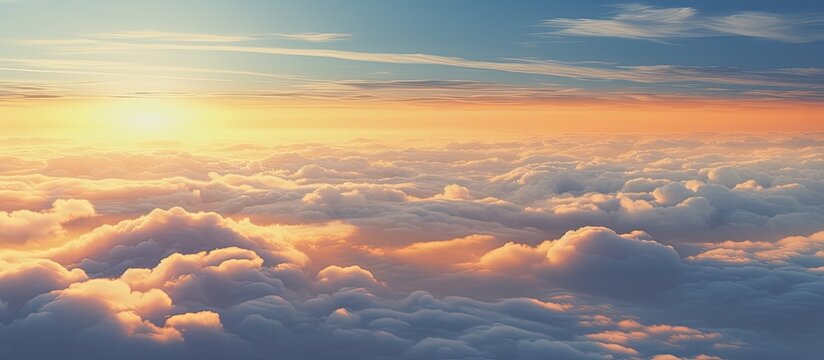 Sunset paints a stunning sky above a sea of clouds in a breathtaking scene with a beautiful copy space image.