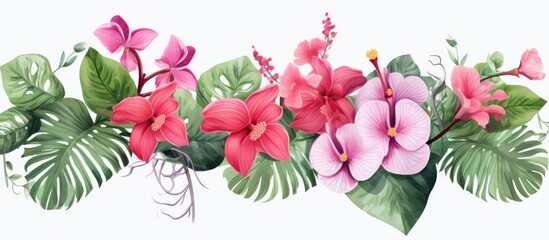 Wall Mural - floral arrangement featuring tropical leaves, monstera and fern, orchids on a tree branch, isolated 