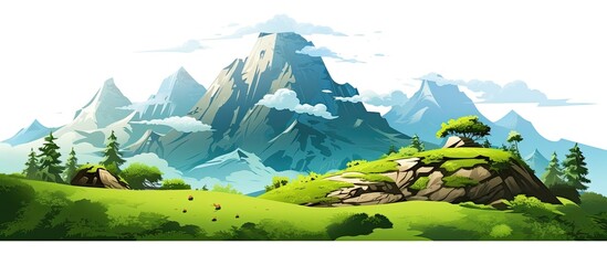 Wall Mural - A rocky mountain hill surrounded by lush green forest, isolated on a white background, perfect as a copy space image.