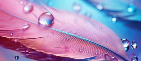 Wall Mural - macro shot of a stunning water droplet on a feather, showcasing light blue and pink hues in a soft a