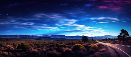 Wall Mural - a road stretching out towards the milky way galaxy in a mesmerizing copy space image.