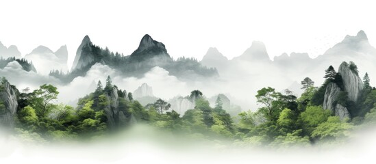 Wall Mural - A picturesque mountain landscape with a tree, set against a white backdrop, ideal for a copy space image.
