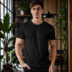 Full body view of fit man wearing black T-shirt mockup