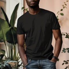 Wall Mural - Full body view of fit man wearing black T-shirt mockup