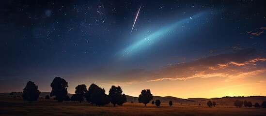 Wall Mural - comet neowise shines in the night sky above the lake, framed by ethereal noctilucent clouds, creatin