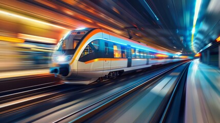 Poster - high-speed train moving through an urban tunnel with motion blur, showcasing modern transportation a