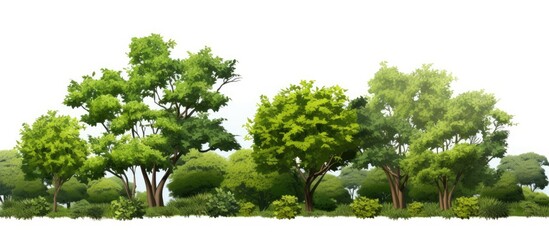 Wall Mural - rows of trees and bushes in a summer forest setting with a white background creating a serene natura