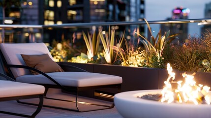 Wall Mural - Rooftop garden space, close-up on sleek modern fire pit and surrounding lounge chairs, city lights 