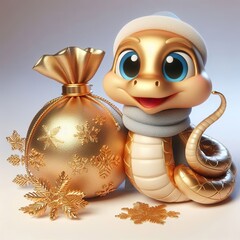 Wall Mural - 3D image of a cute, smiling, gold snake sits next to an ornamental bag in a snowflake pattern on a plain background