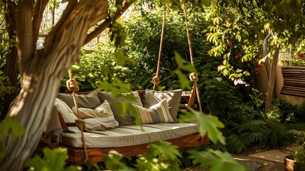 Wall Mural - Cozy garden nook, close-up on swinging bench with thick cushions, shaded by trees