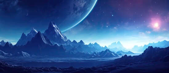 Wall Mural - Starry night landscape with the Milky Way, pink lights on mountains, and a beautiful Universe in summer, perfect as a travel background with a galaxy copy space image.